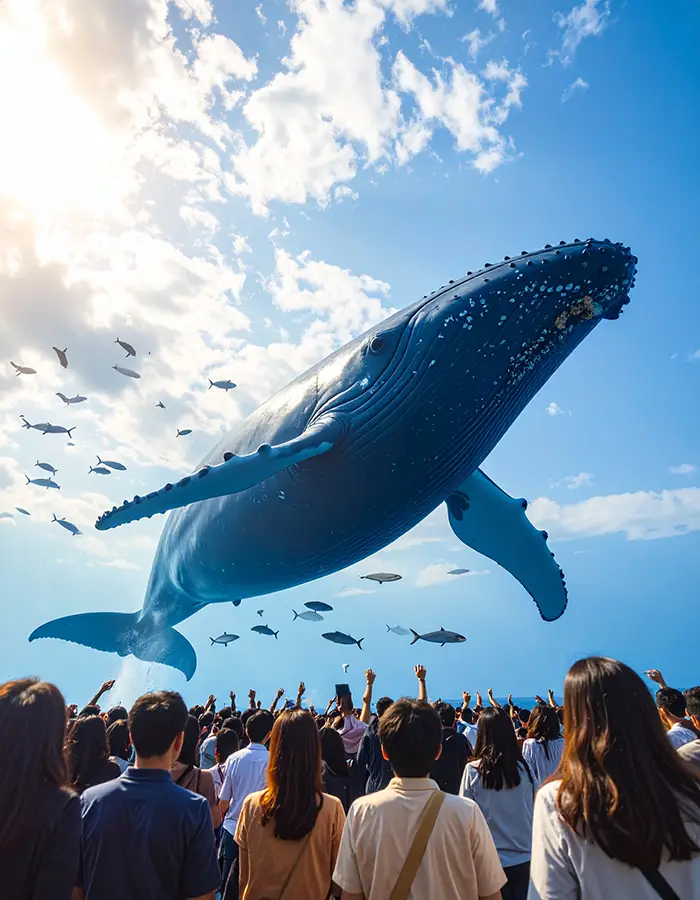 空を泳ぐ大きなシロナガスクジラ