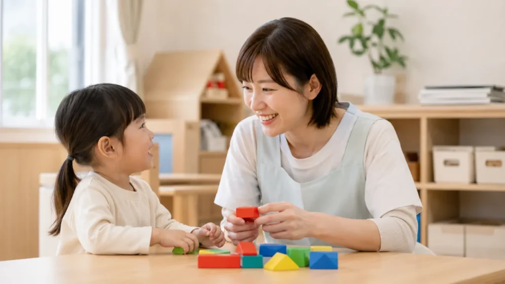 子供と話す保育士