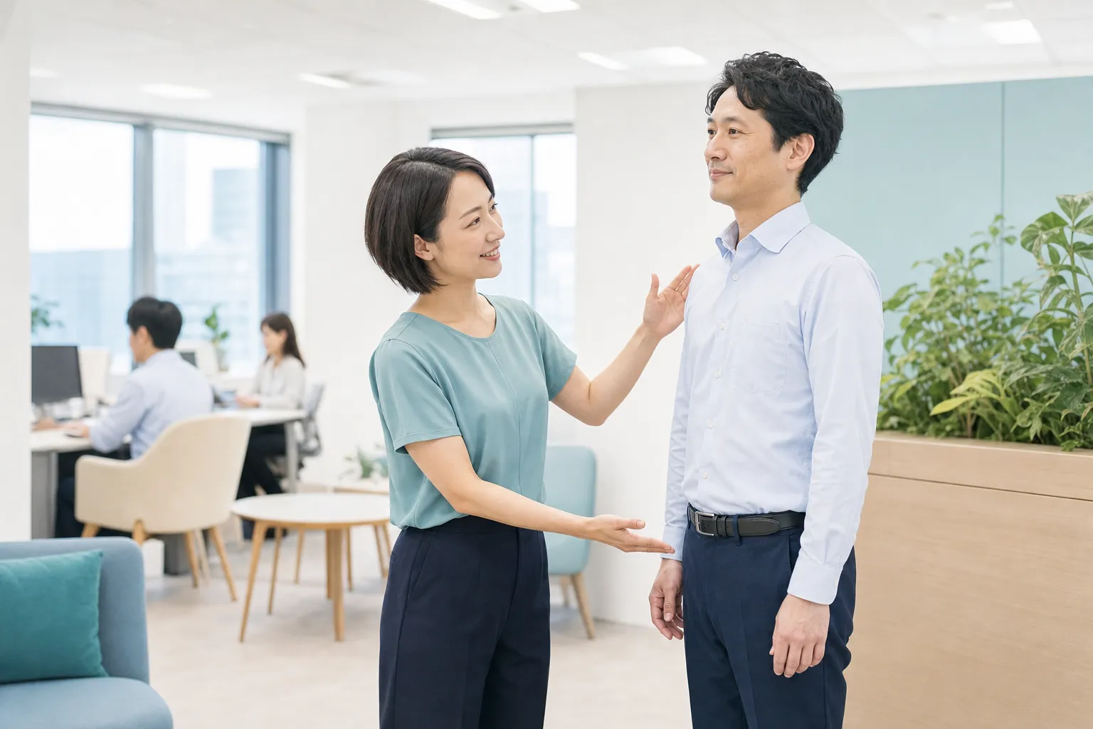 オフィスでウェルネス測定とアドバイスを受ける従業員