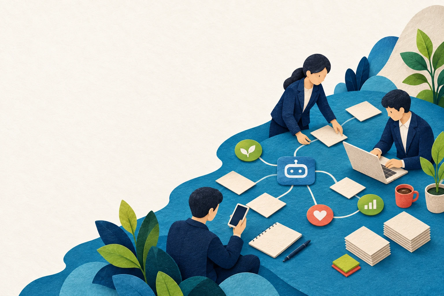 AIを日々の発信と業務改善に活用する人たちの紙素材風イラスト