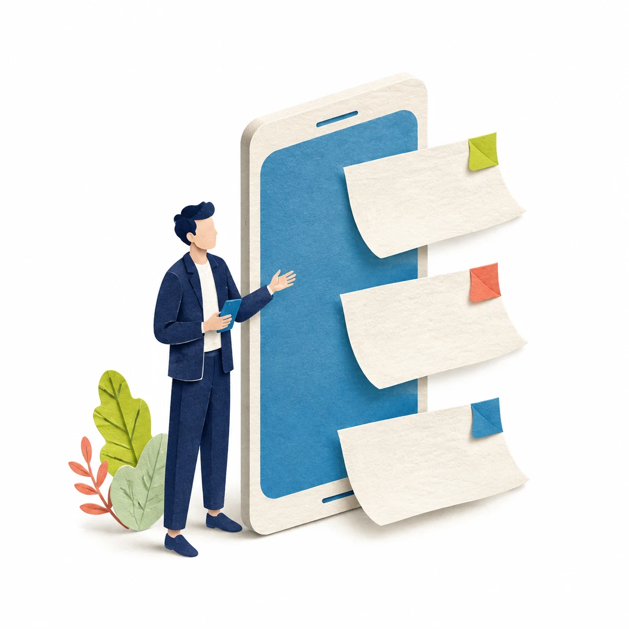 スマートフォンと投稿用の紙を使う人のイラスト